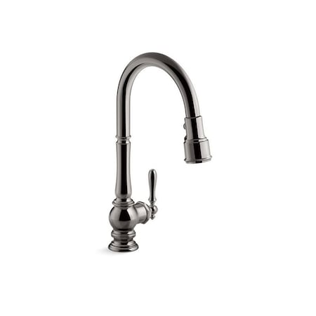 Artifacts Pull-down kitchen sink faucet with three-function sprayhead